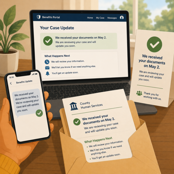 Case status update shown consistently across portal, phone message, and mailed notice