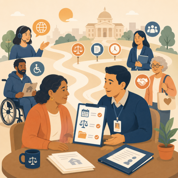 Diverse residents receiving support to understand appeal rights, deadlines, and hearing steps