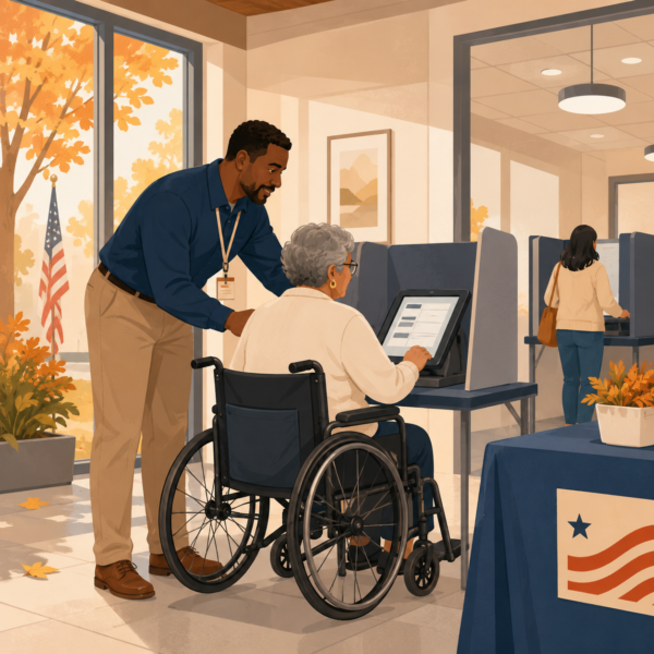 Poll worker helping a voter use an accessible voting station