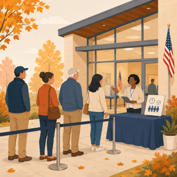Voters waiting in an orderly polling place line with staff guidance nearby