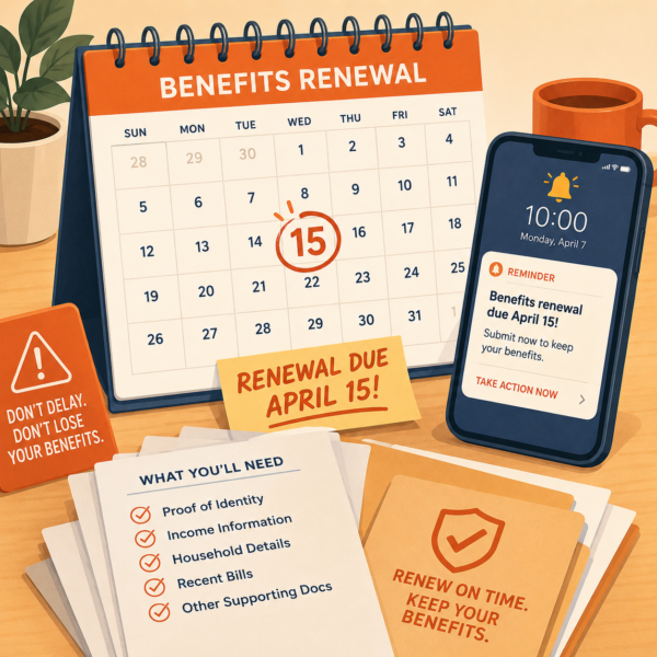 Calendar, phone reminder, and documents showing an upcoming benefits renewal deadline