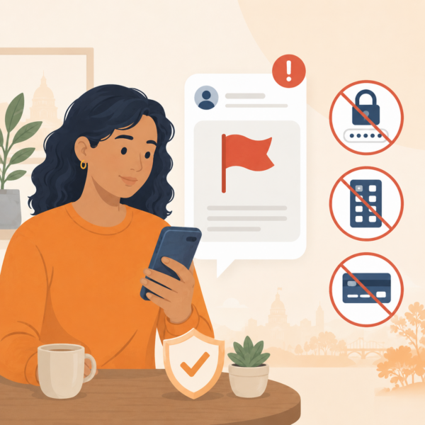 Resident recognizing scam red flags involving passwords, payments, and sensitive information.