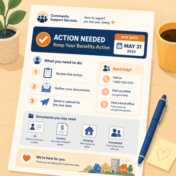 Clear public benefits action notice with deadline, checklist, and help options.