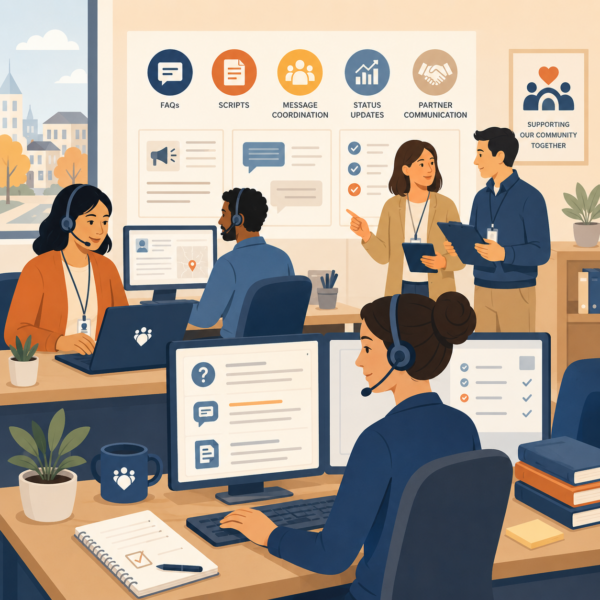 Human services staff coordinate FAQs, scripts, status updates, and partner communication across service channels.