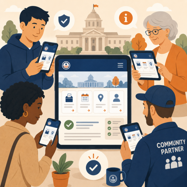 Diverse voters and a community partner use official digital election information across multiple devices