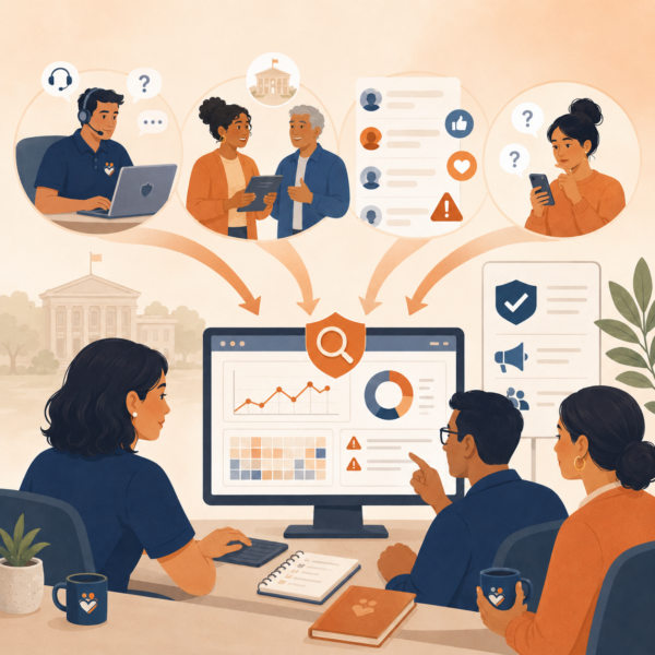 Human services team monitors resident questions and misinformation patterns on a dashboard.