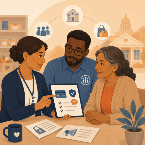 Community partners help a resident understand EBT theft reporting and protection steps.