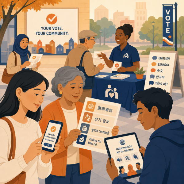 Diverse voters receive multilingual election information through printed materials, mobile devices, and community support