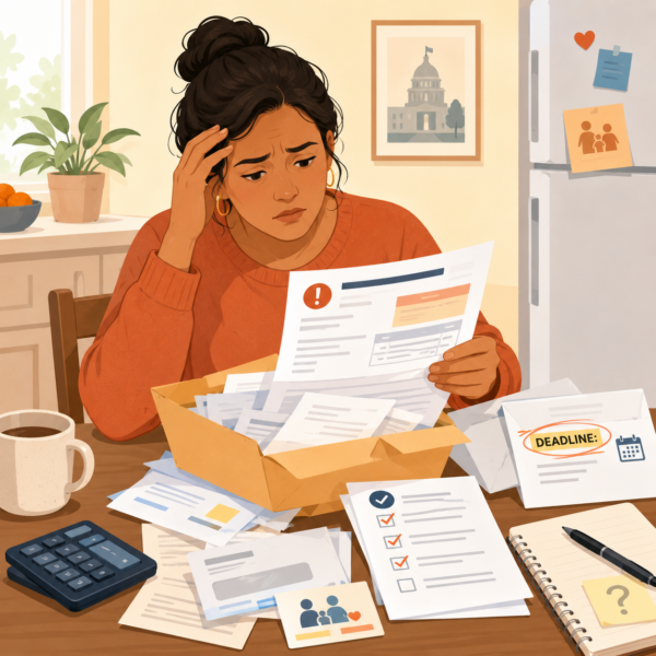 Resident feeling overwhelmed by confusing public benefits notices and deadline paperwork.