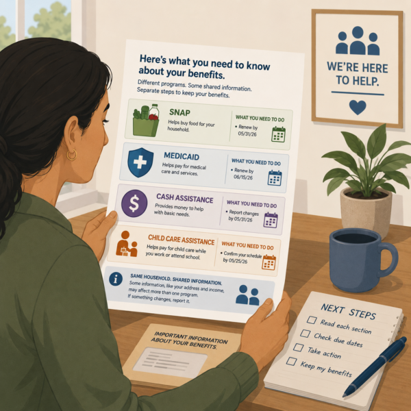 Resident reads a benefits notice with program-specific deadlines, documents, and next steps