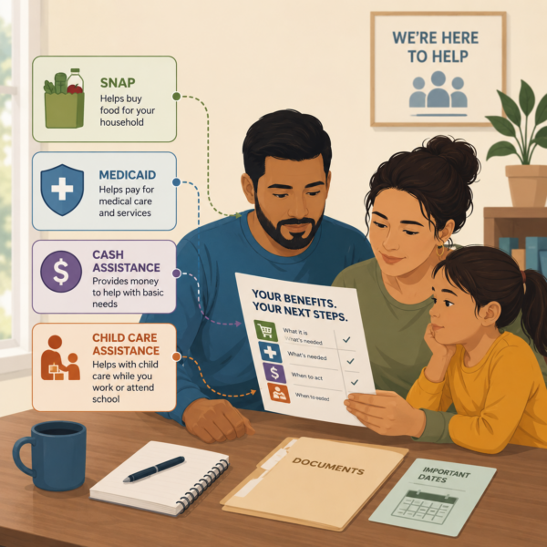 Family reviews a clear benefits guide showing SNAP, Medicaid, cash assistance, and child care next steps