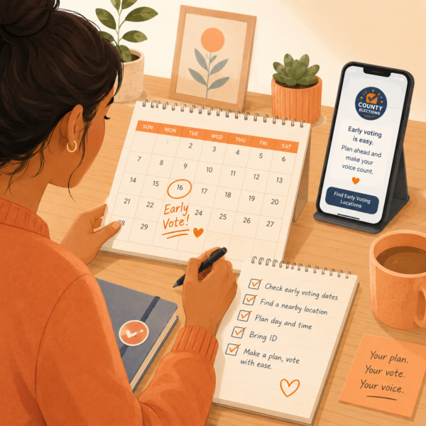 Voter marks an early voting date on a calendar with a simple planning checklist