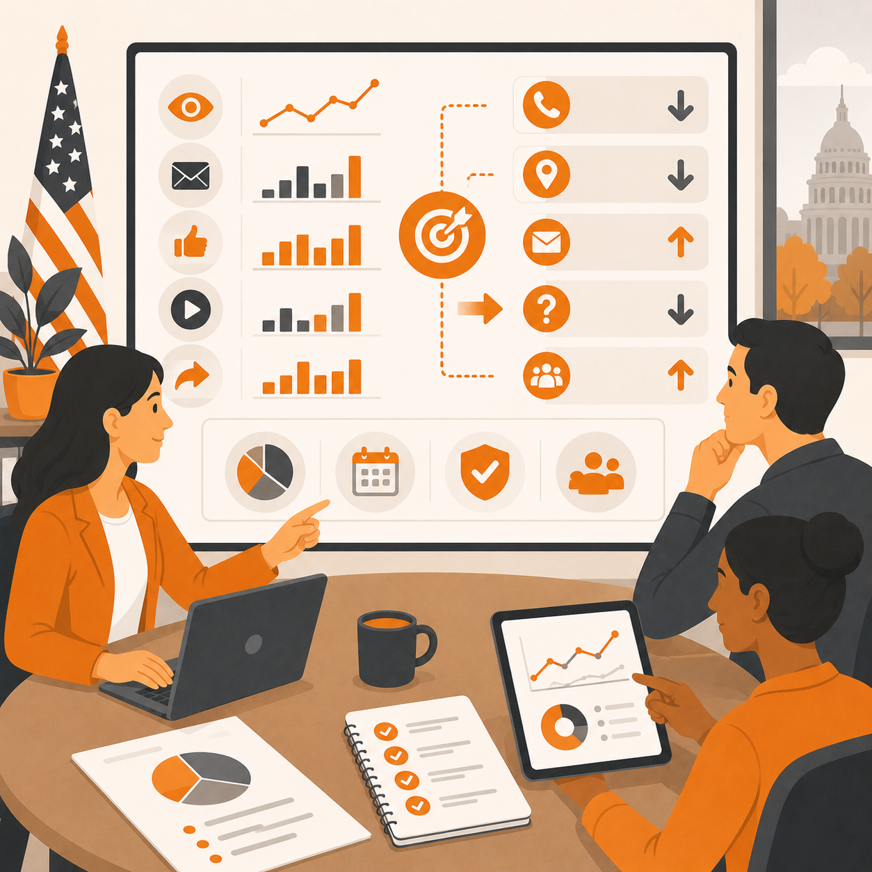 Election communication metrics dashboard measuring voter understanding, reduced confusion, and successful voter actions beyond engagement numbers