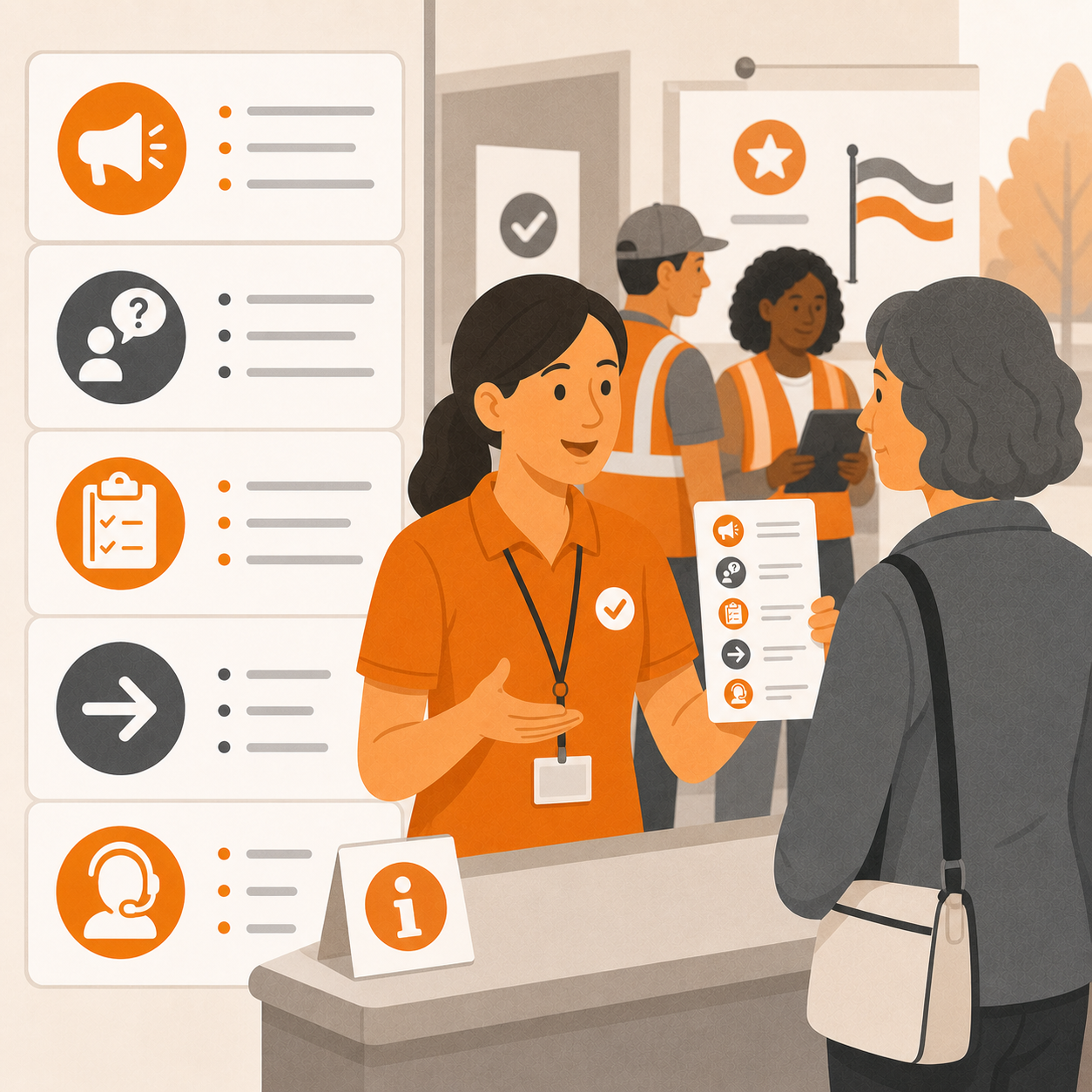 Poll workers using clear message tools to guide voters consistently and reduce confusion at interaction points