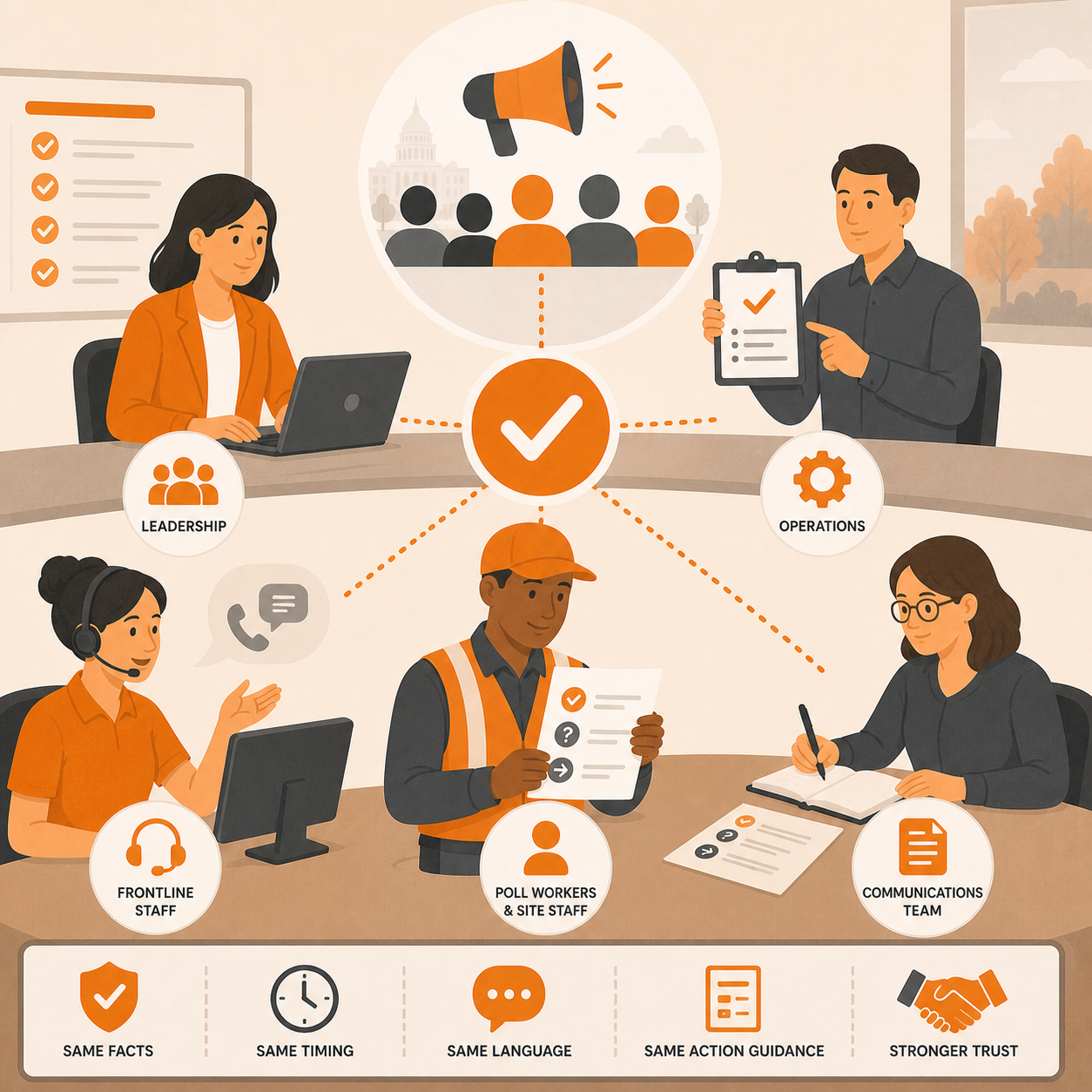 Election staff and leadership aligned on messaging and updates to ensure consistent communication and public trust