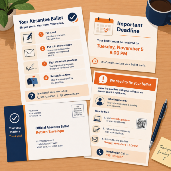 Accessible absentee ballot materials show plain-language steps, deadlines, cure instructions, and return guidance