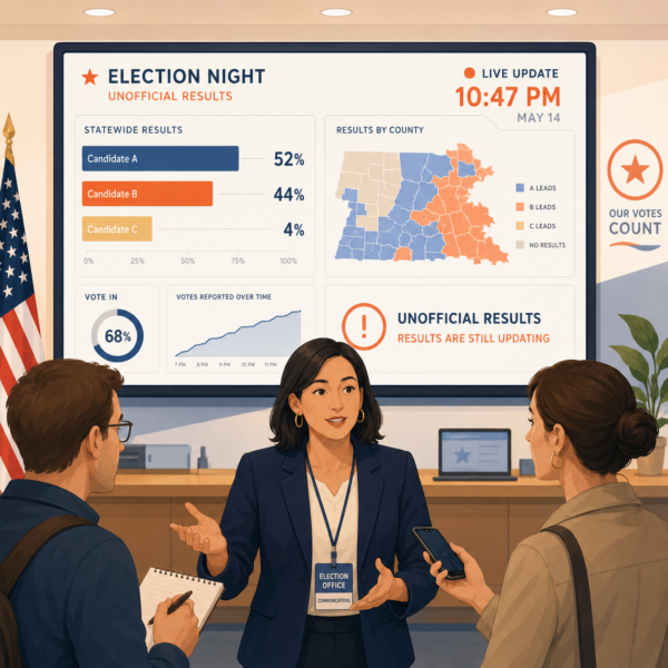 Election communications official explaining unofficial results and dashboard updates to reporters
