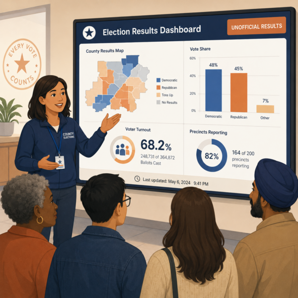 Election official explaining an election results dashboard to community members