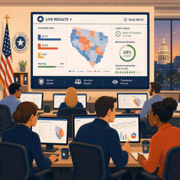 Election office team monitoring live results dashboards during election night reporting