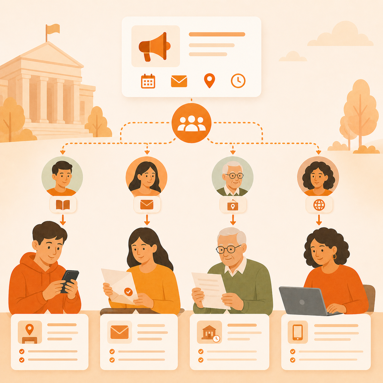 Election communication showing segmented voter messaging tailored to different needs for clearer guidance and participation