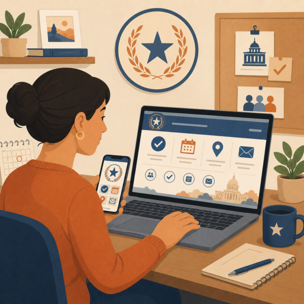 Staff member reviewing election office source-of-truth updates across desktop and mobile channels.