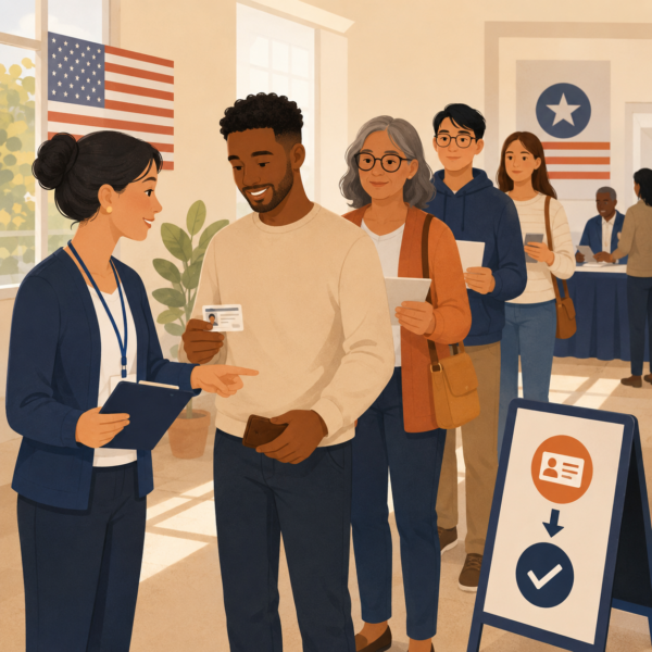 Election worker directs voters at the entrance of a polling place with clear line and directional signage.
