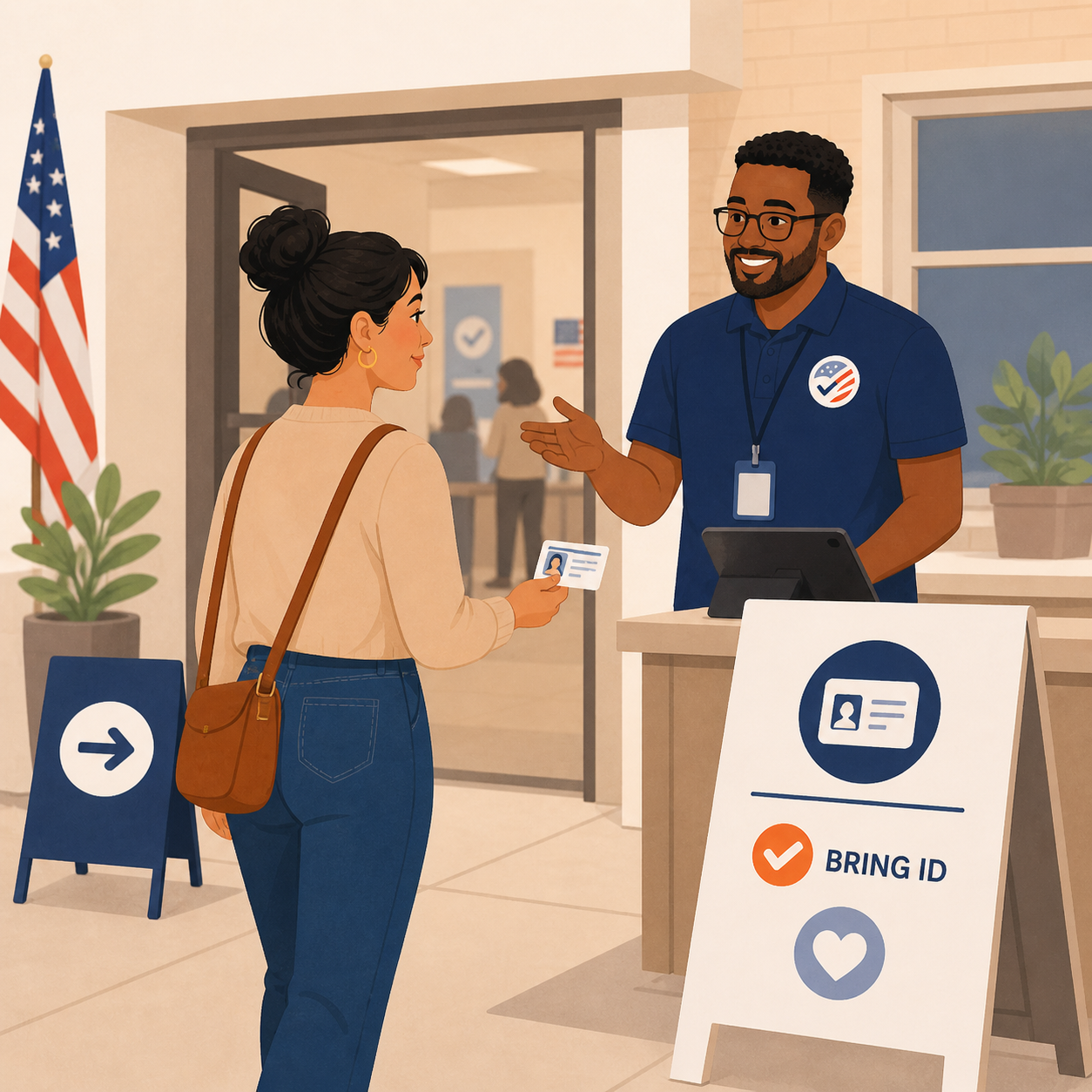 Poll worker helping a voter with ID check-in at a polling place using respectful and reassuring communication