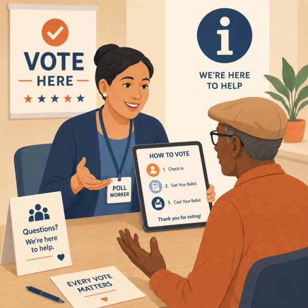 Poll worker explains voting steps to an older voter using a tablet with simple accessible instructions