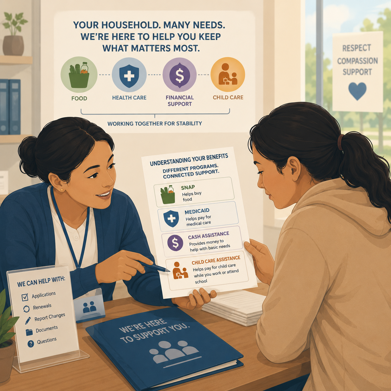 Caseworker explains different public benefits programs to a resident using a clear cross-program handout.