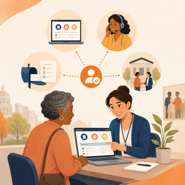 Human services staff explains digital and non-digital support options to a resident