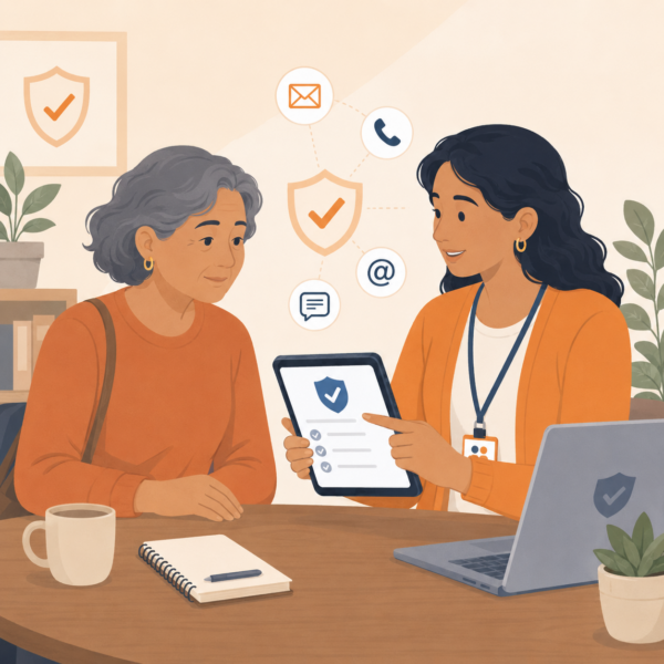 Human services staff member helping a resident verify official benefits communication