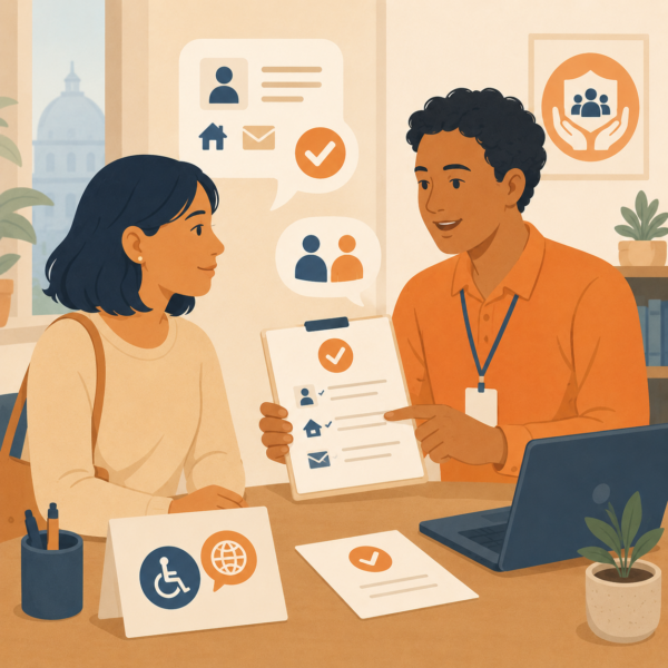 Human services staff member helping a resident understand required verification documents.