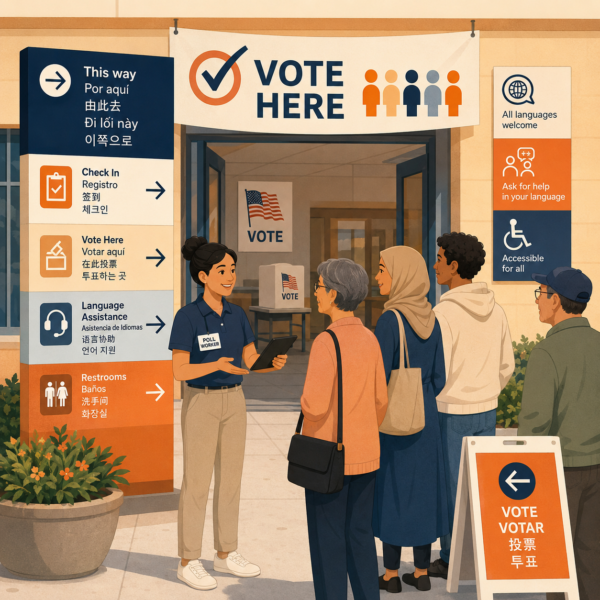 Election worker provides language assistance to a voter using multilingual guidance and clear visual voting instructions