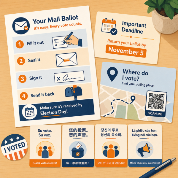 Multilingual voter materials show mail ballot steps, deadlines, polling place guidance, and translated participation messages
