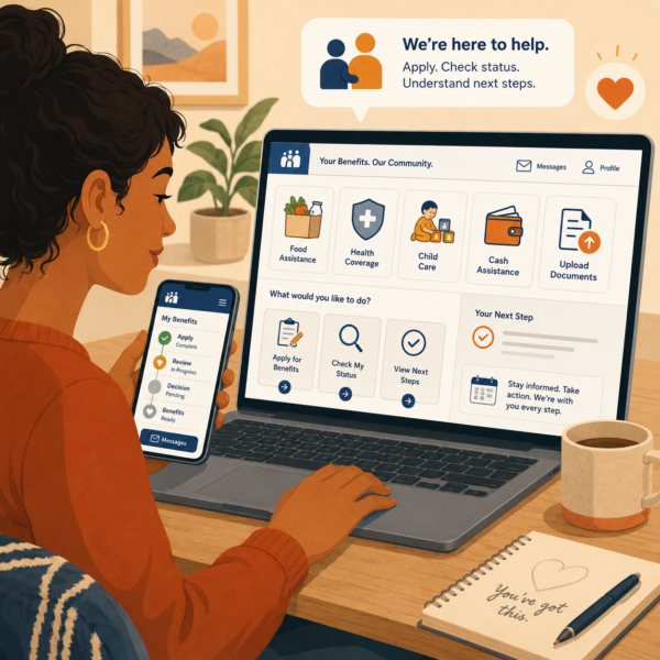 Resident uses a public benefits portal and phone to apply, check status, upload documents, and view next steps.