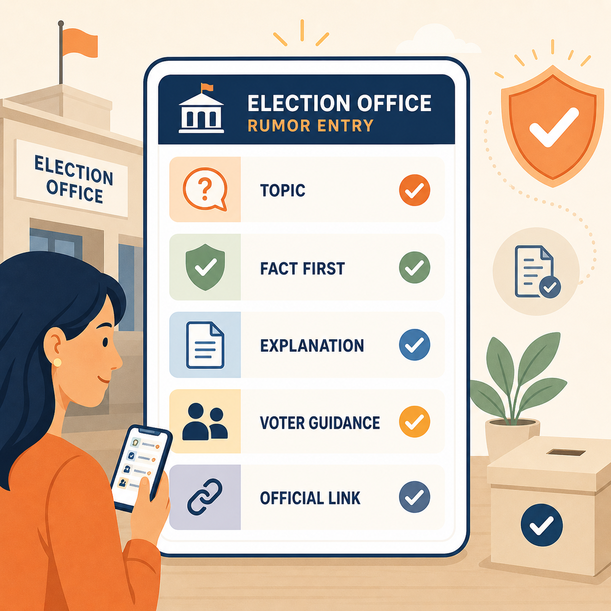 Election office rumor entry checklist showing topic, fact-first statement, explanation, voter guidance, and official link
