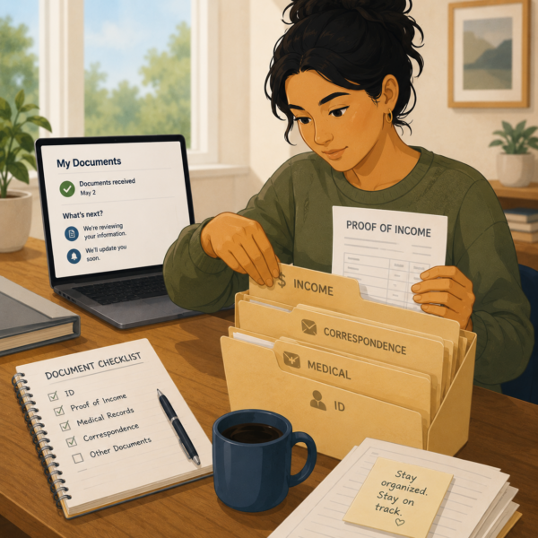 Resident organizing proof of income and supporting documents for a benefits case review.