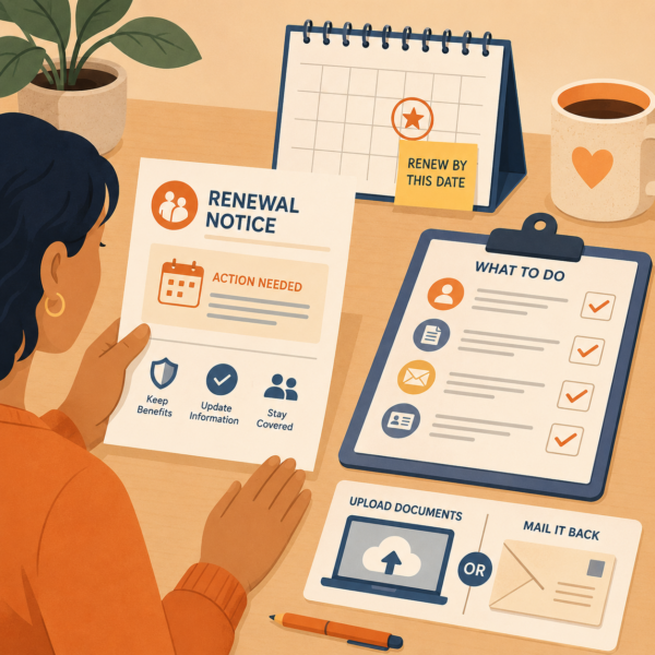 Resident reviews a renewal notice, deadline reminder, document checklist, and submission options on a desk.