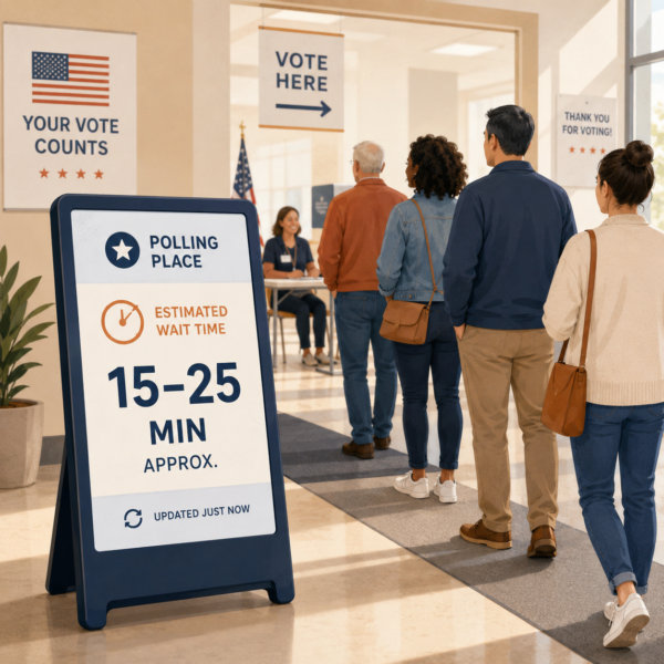 Voters follow signs into a polling place beside a sign showing an estimated wait time