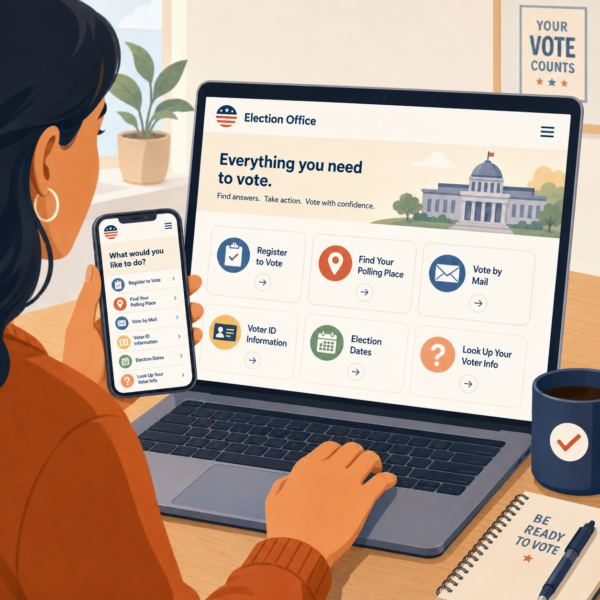 Smartphone displays simple election information categories for voting dates, ID requirements, early voting, and mail ballots.