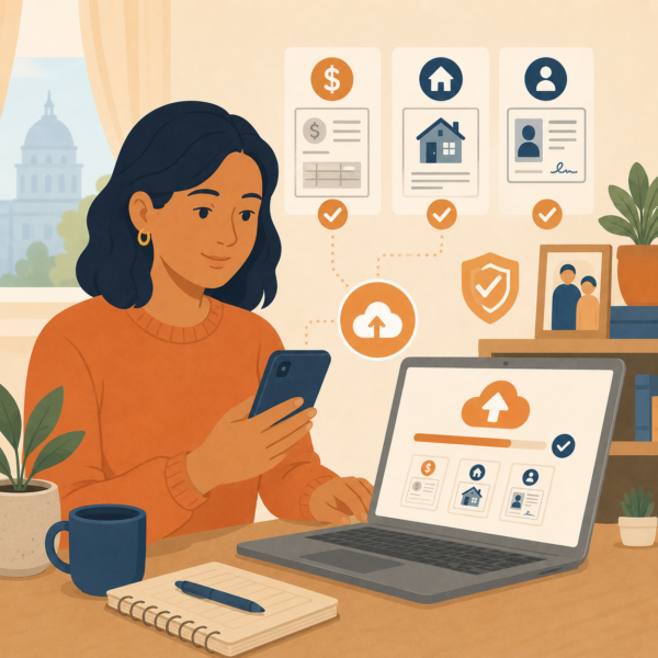 Resident uploading public benefits verification documents through an online portal.