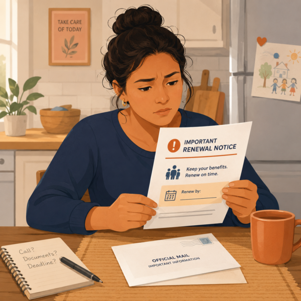 Resident reviewing an important benefits renewal notice at home with deadline and document reminders nearby