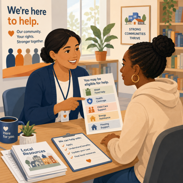 Staff member explains food, health coverage, child care, energy assistance, and housing support options to a resident.