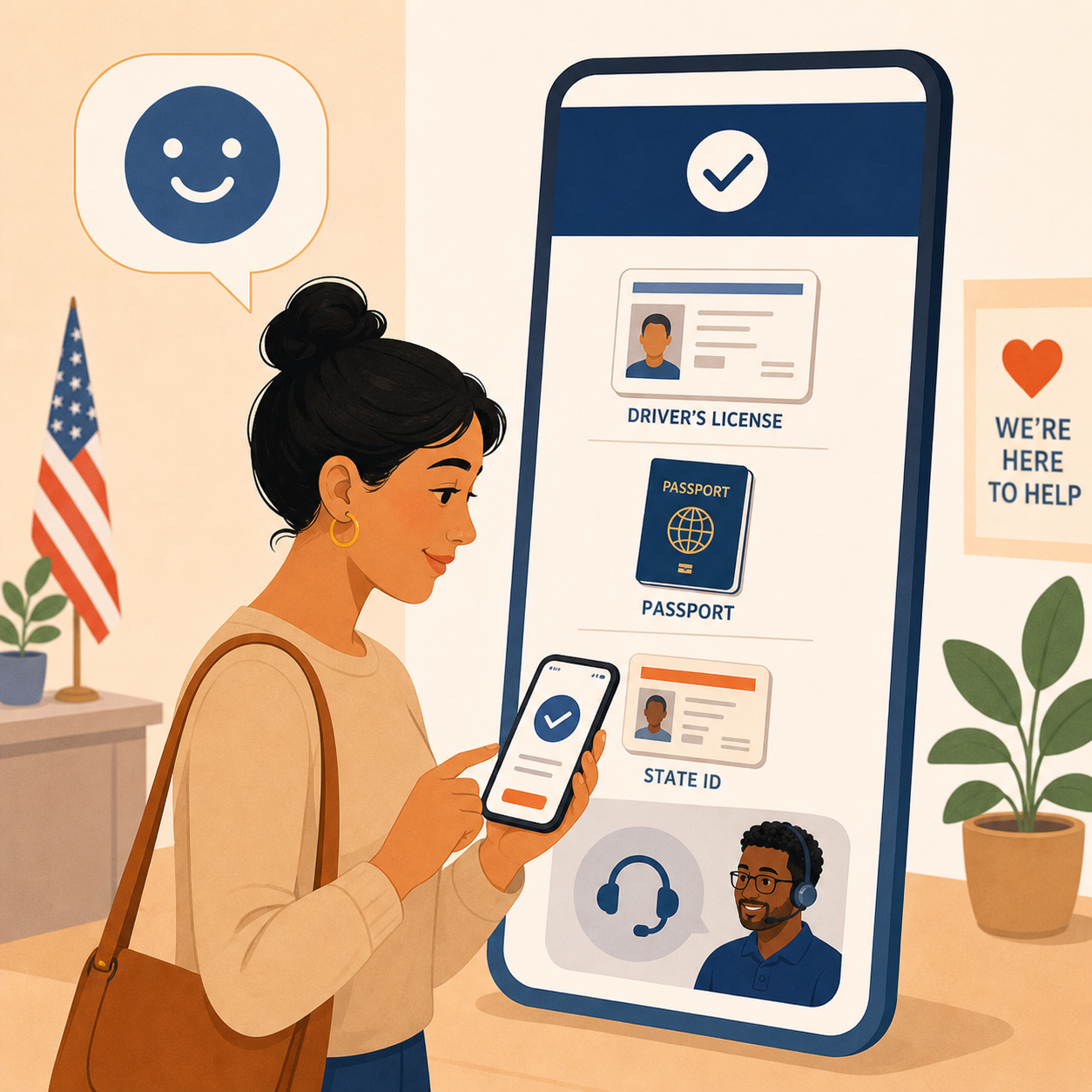 Voter checking a simple voter ID information screen with accepted documents and visible assistance options
