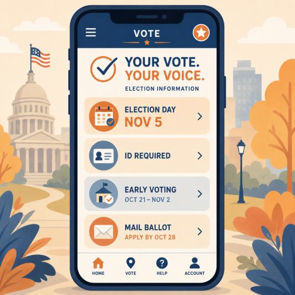 Smartphone displays simple election information categories for voting dates, ID requirements, early voting, and mail ballots.
