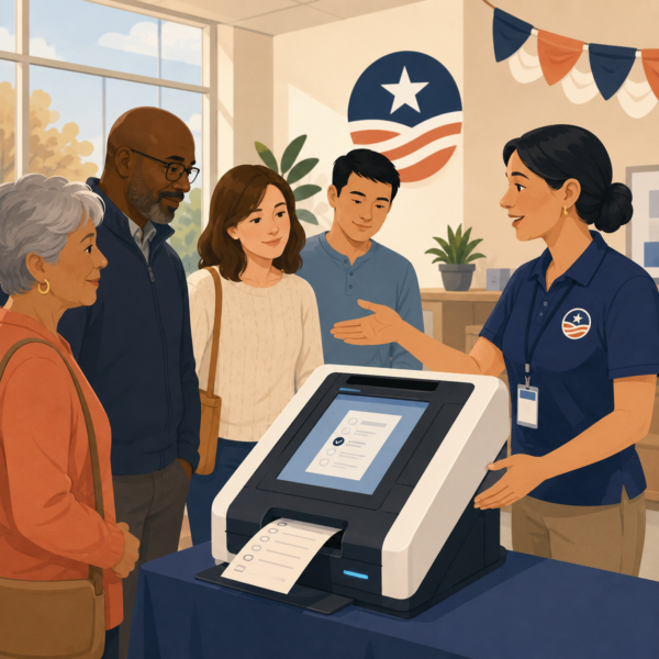 Poll worker explaining new voting equipment to voters in a civic setting