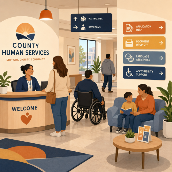 Human services office lobby shows clear signage for application help, document drop-off, language assistance, and accessibility support.