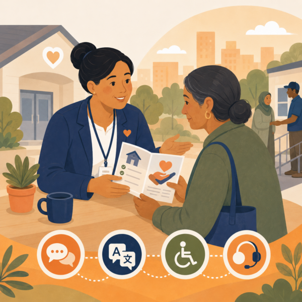 Human services staff member sharing accessible outreach materials with a resident in a community support setting.