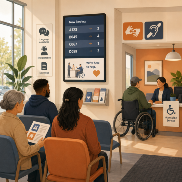 Human services waiting area with visible language assistance, accessibility signage, and resident service information