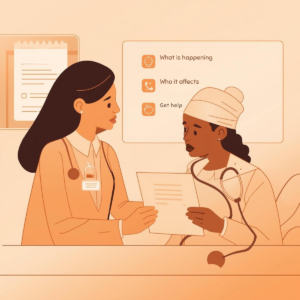 Public health professional explaining health information using clear and accessible language